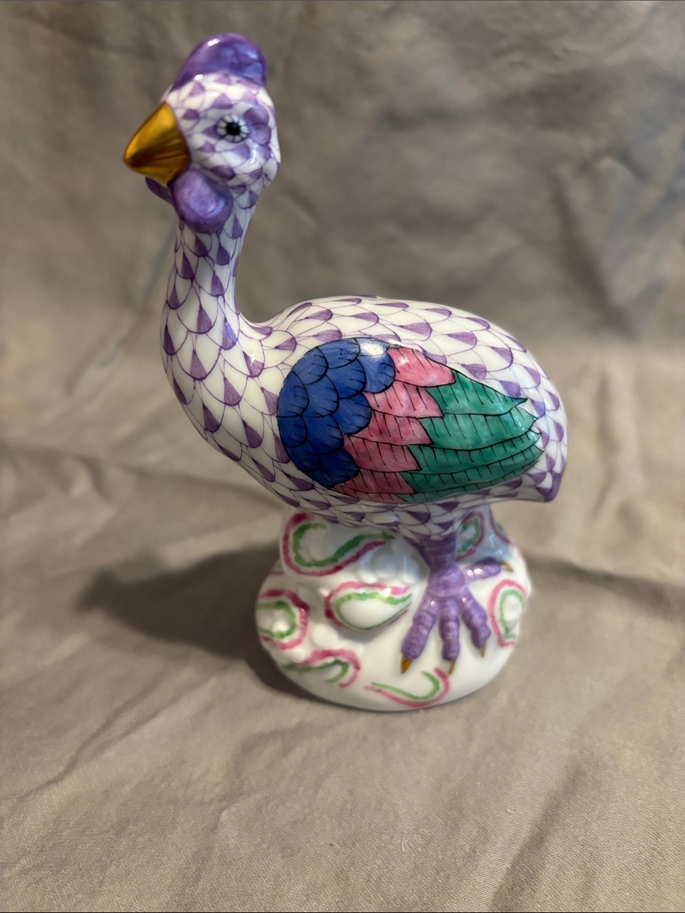 Herend Hand-Painted Ceramic Bird Figurine in Purple, Blue, Pink & Green